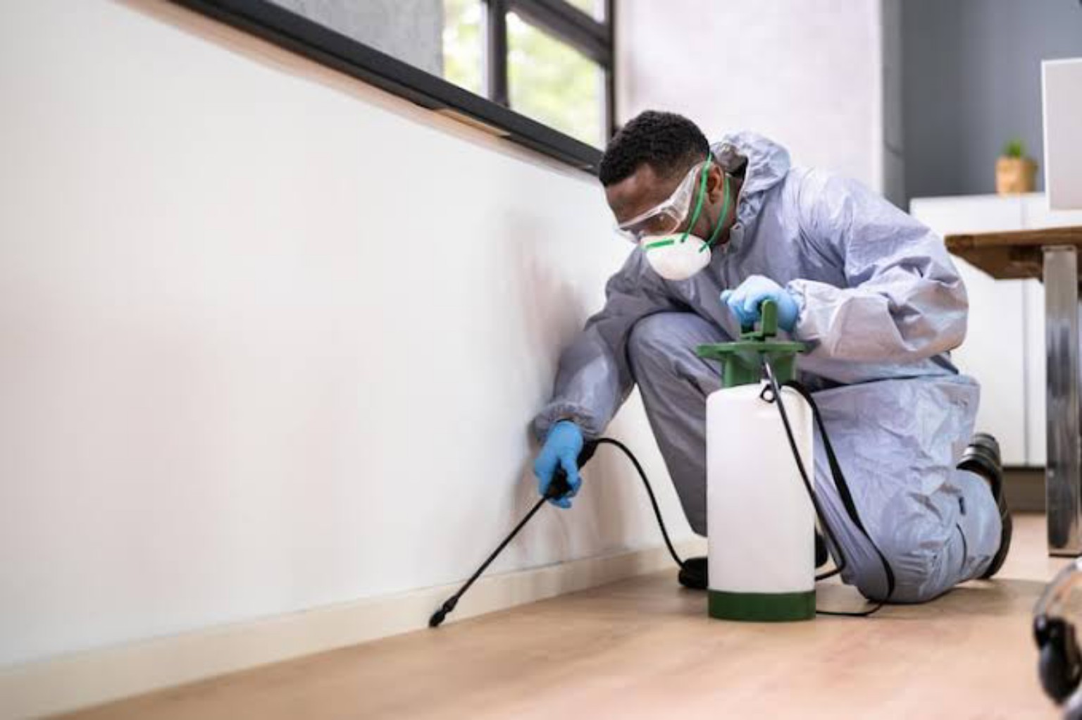 Pest control professional applying treatment along an interior wall